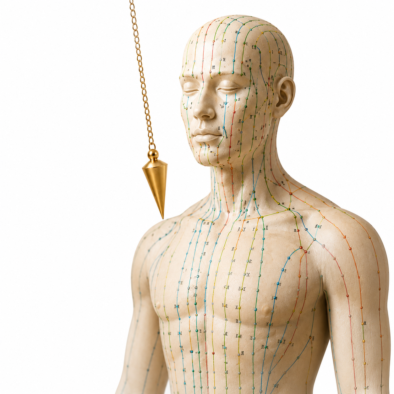 Modelo anatômico com trajetos dos meridianos e um pêndulo dourado ao lado, representando a integração entre Radiestesia e Medicina Tradicional Chinesa